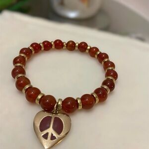 Red and Gold Beaded Bracelet with Peace Heart Charm. Customize! @Pictonshandcraf